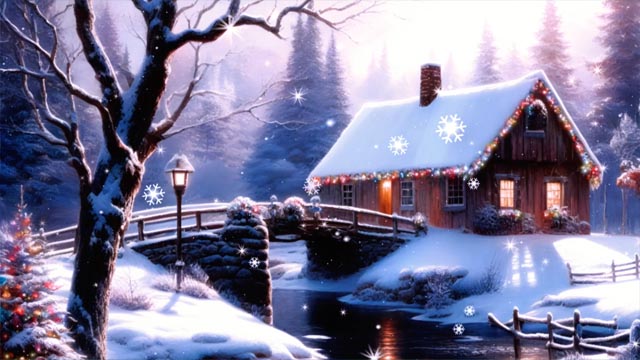 Snowy cabin beside frozen river live wallpaper