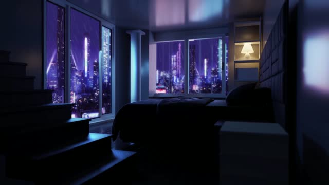Luxury apartment at night city view live wallpaper