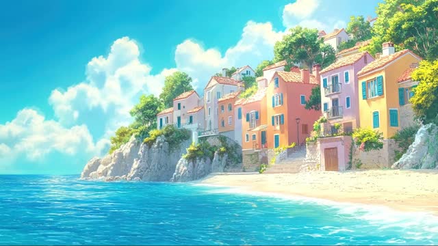 Colorful seaside village houses live wallpaper