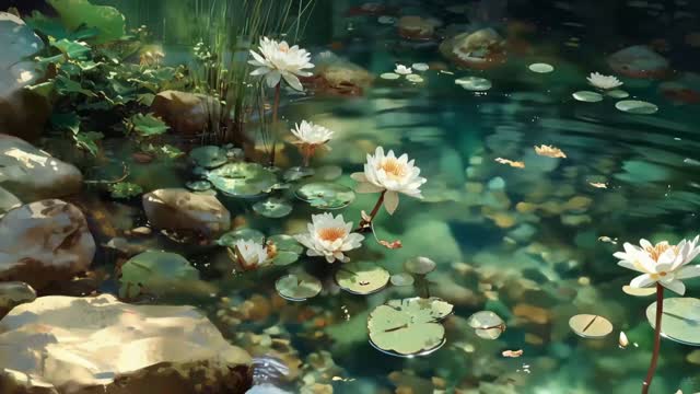 Pond with blooming water lilies live wallpaper