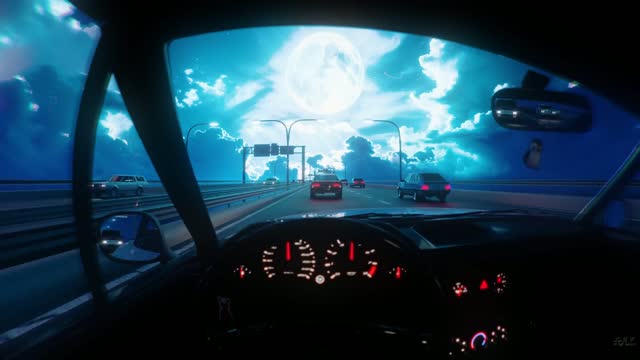 Car cockpit under bright moonlight live wallpaper