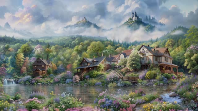 Fantasy mountain village in daylight live wallpaper