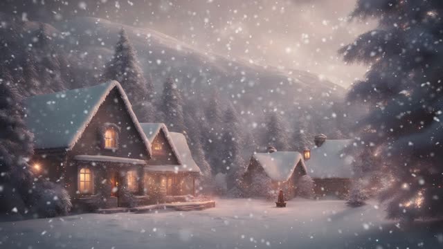 Snowstorm over winter cottages live wallpaper