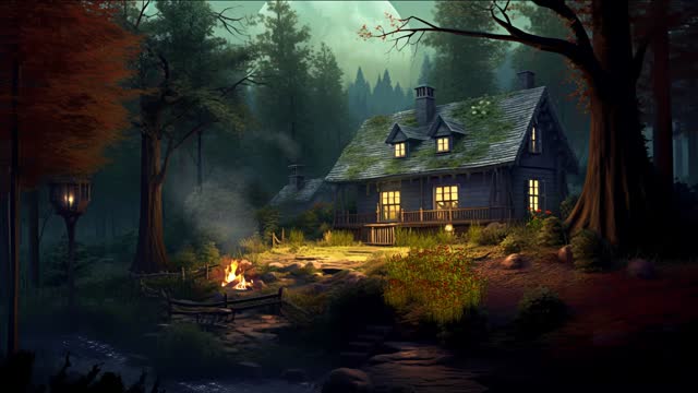 Small house in sunny forest clearing live wallpaper