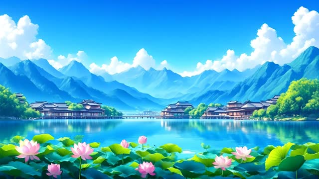 Lotus pond with distant moun live wallpaper