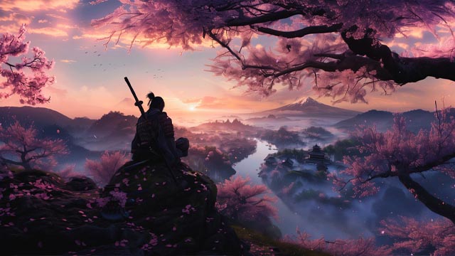 Samurai on cliff at sunrise live wallpaper