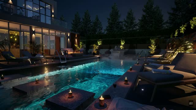Modern villa with pool at night live wallpaper