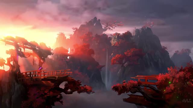 Sunset over fantasy red landscape live wallpaper