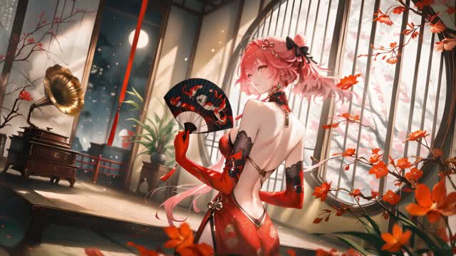 Anime girl in traditional dress live wallpaper