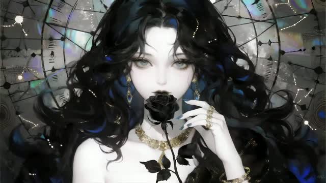 Dark-haired anime girl with black rose live wallpaper