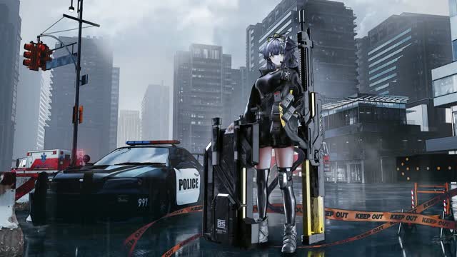 Futuristic cyborg police in city street live wallpaper