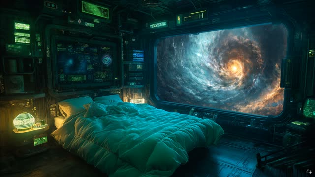 Bedroom overlooking swirling galaxy live wallpaper