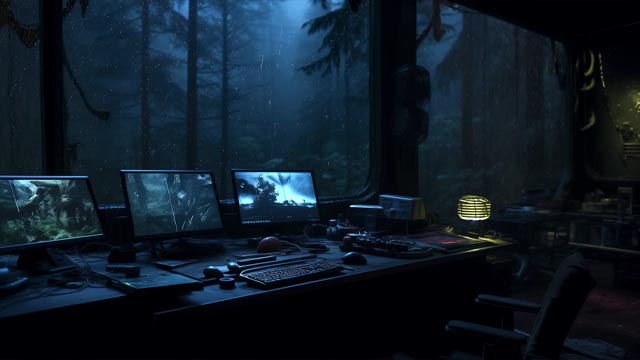 Futuristic office with holographic screens live wallpaper