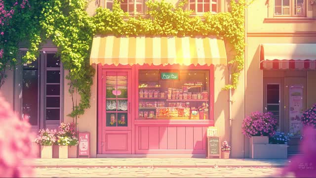 Bright pastel storefront with flowers live wallpaper