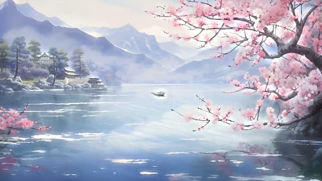 Lake with cherry blossoms in spring live wallpaper
