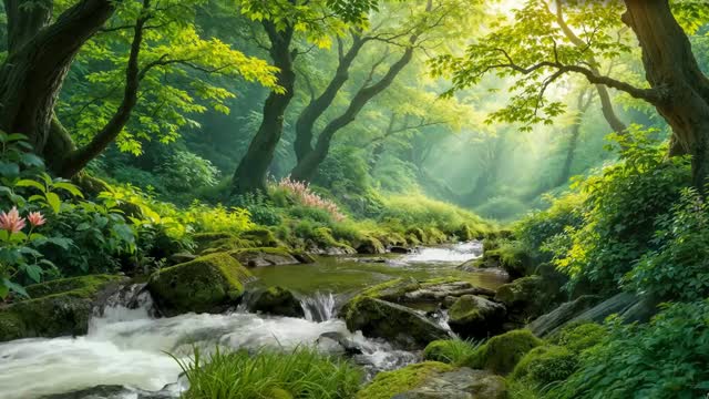 Peaceful forest stream in sunlight live wallpaper
