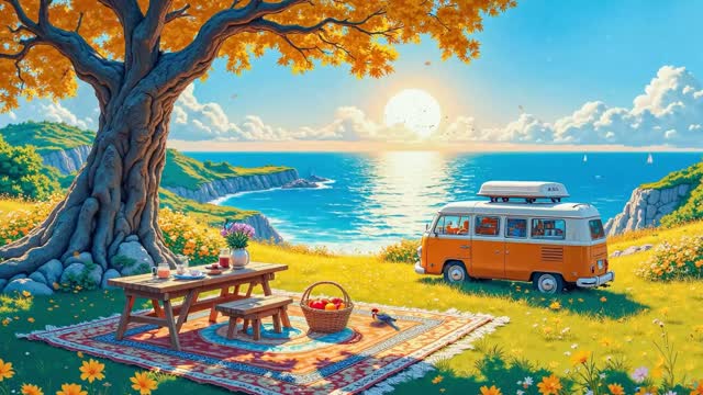 Camper van at seaside sunset live wallpaper