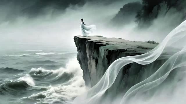 Lone figure standing on windy cliff live wallpaper