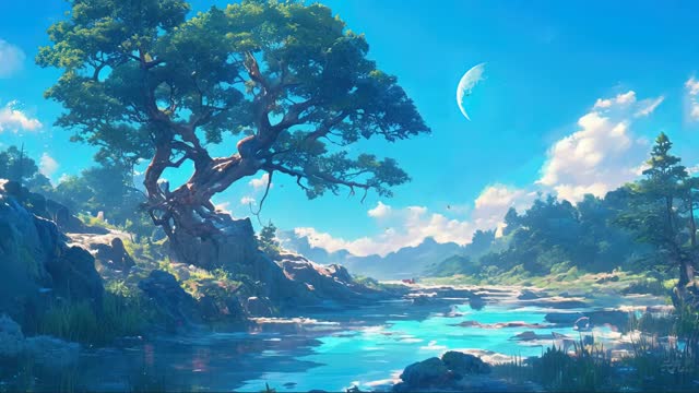 Blue river beneath crescent moon live wallpaper