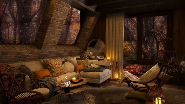 Cozy wooden cabin interior at dusk live wallpaper