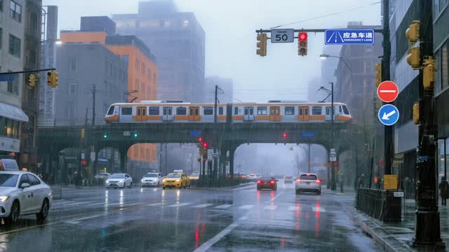 Train passing rainy city street live wallpaper
