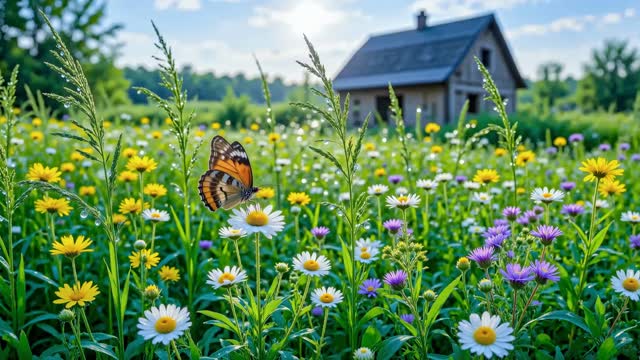Spring meadow with wildflowers and house live wallpaper