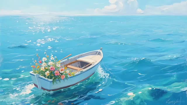 Small boat with flowers on blue water live wallpaper