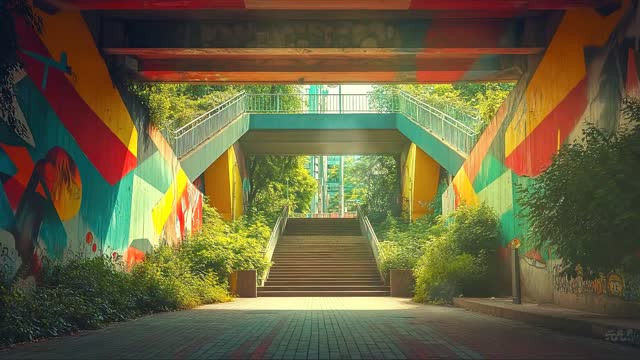 Sunlit colorful stairway with plants live wallpaper