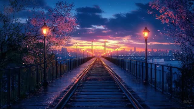 Railway bridge at sunset with lamps live wallpaper