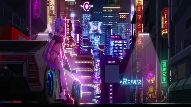 Cyberpunk girl in neon-lit alley live wallpaper
