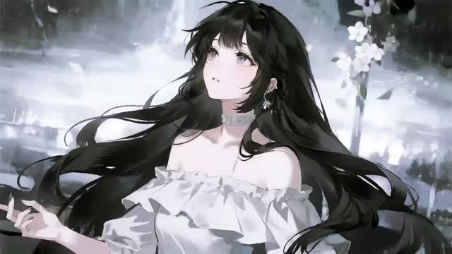 Anime girl with flowing black hair live wallpaper