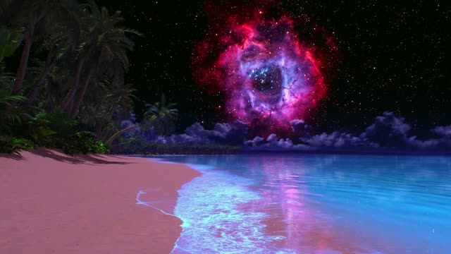 Cosmic nebula over pink beach live wallpaper