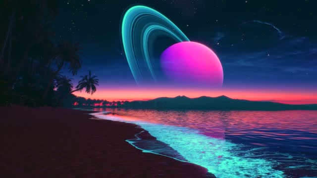 Pink planet above tropical beach live wallpaper