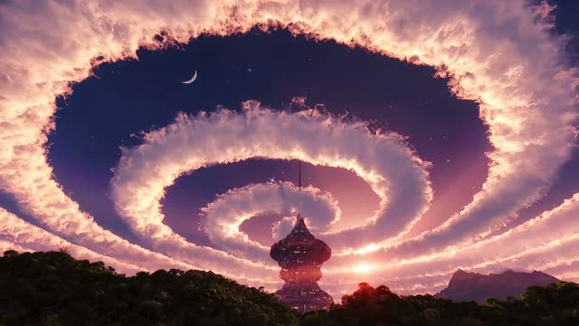 Spiral galaxy above temple at sunset live wallpaper