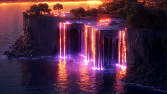 Twin waterfalls glowing purple and orange live wallpaper