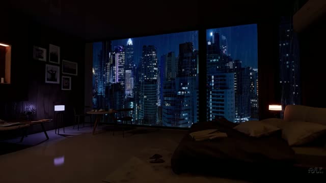 City skyline through bedroom window live wallpaper
