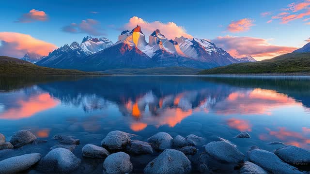 Snowy mountains reflected in lake live wallpaper