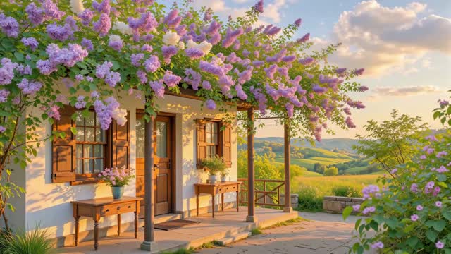 Cozy café with blooming trees outside live wallpaper
