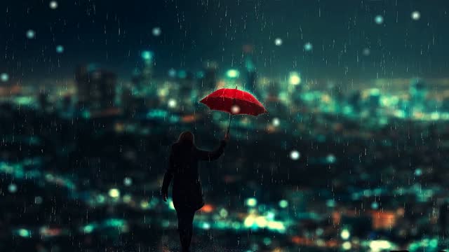 Person with red umbrella in rain live wallpaper