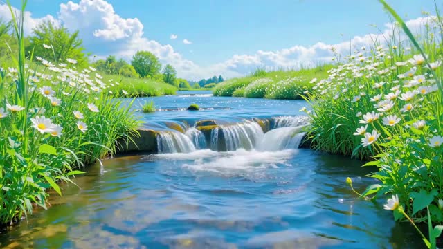 Small waterfall in bright meadow live wallpaper