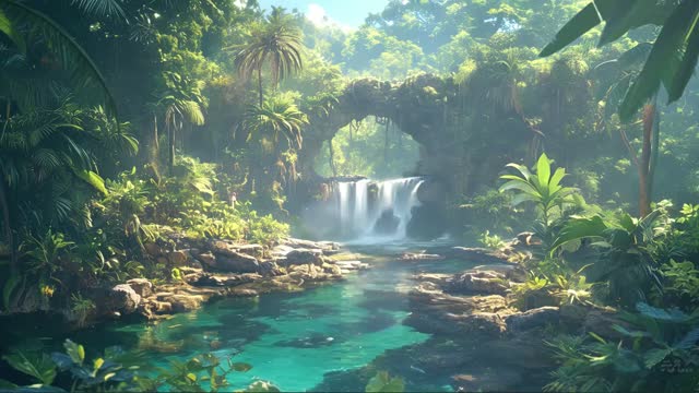 Tropical waterfall under stone arch live wallpaper