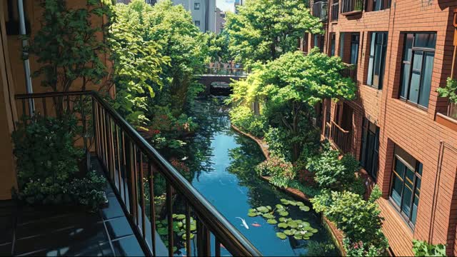 Canal between green-covered houses live wallpaper