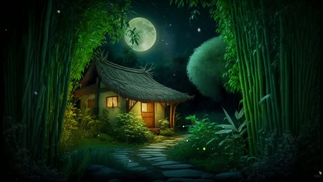 Moonlit cabin in bamboo forest live wallpaper