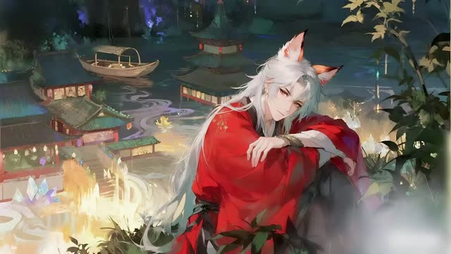 Anime fox spirit in red kimono live wallpaper