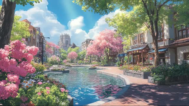 Canal street with cherry blossoms live wallpaper