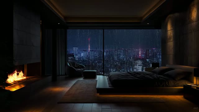 Luxury apartment with night city view live wallpaper
