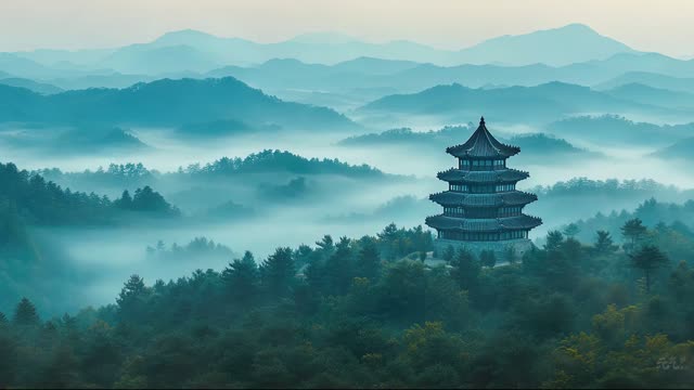 Misty mountains with ancient pagoda live wallpaper