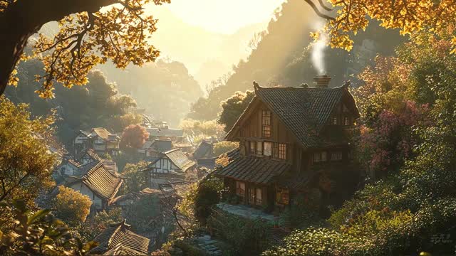 Peaceful village in golden sunrise live wallpaper