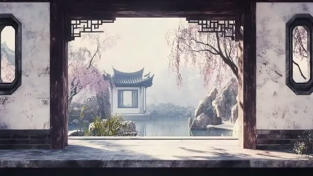 Traditional gate overlooking calm water live wallpaper