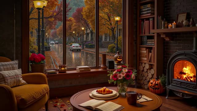 Cozy café interior in autumn live wallpaper
